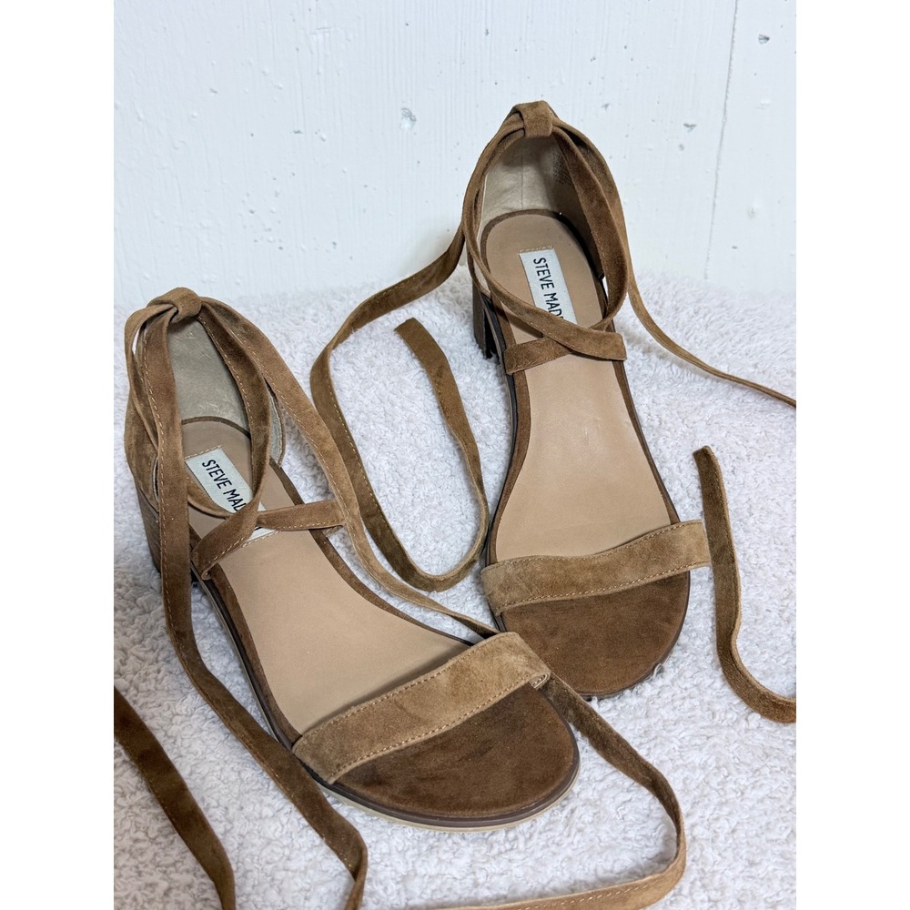 Steve Madden Rizzaa Cognac Brown Suede Lace Up Block Heel Sandals Womens 7.5